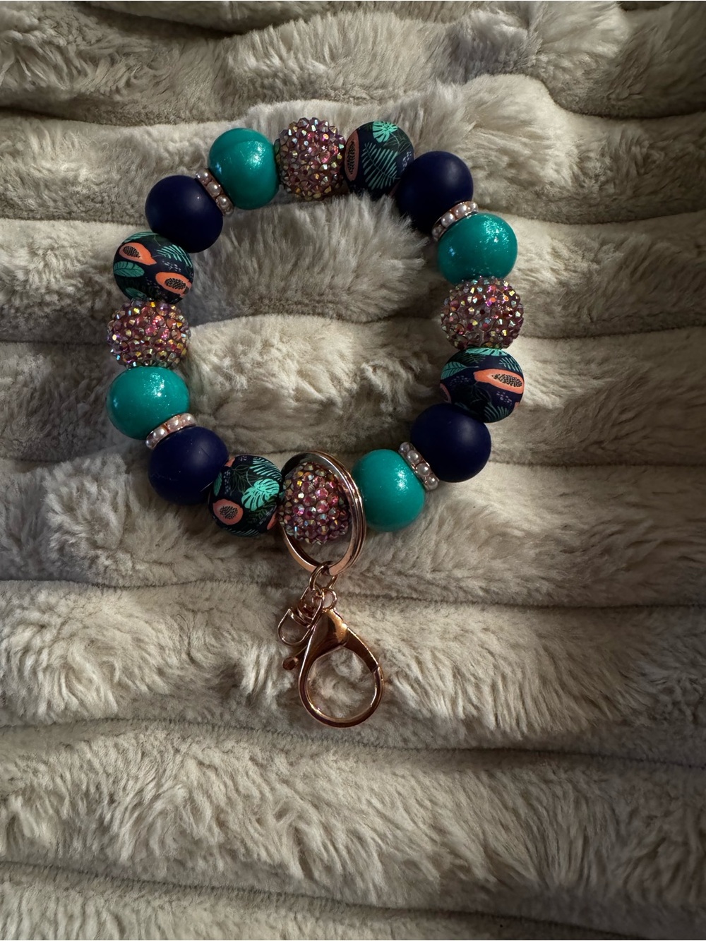 Stylish Teal & Navy Beaded Keychain Bracelet